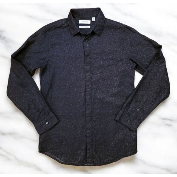 Calvin Klein Button Up Long Sleeve Boys Size 18 Black Silver Glitter Slim Fit - Picture 1 of 8
